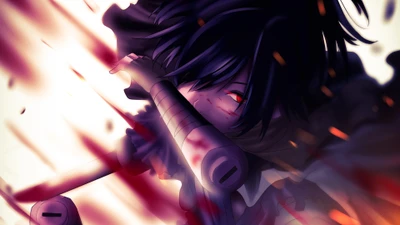 Hyakkimaru dans une bataille intense, avec une expression féroce et des éclaboussures de sang, capturant l'essence de la lutte et de la détermination de "Dororo".