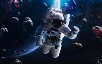 astronaut, asteroids, blue planet, space travel, no gravity wallpaper