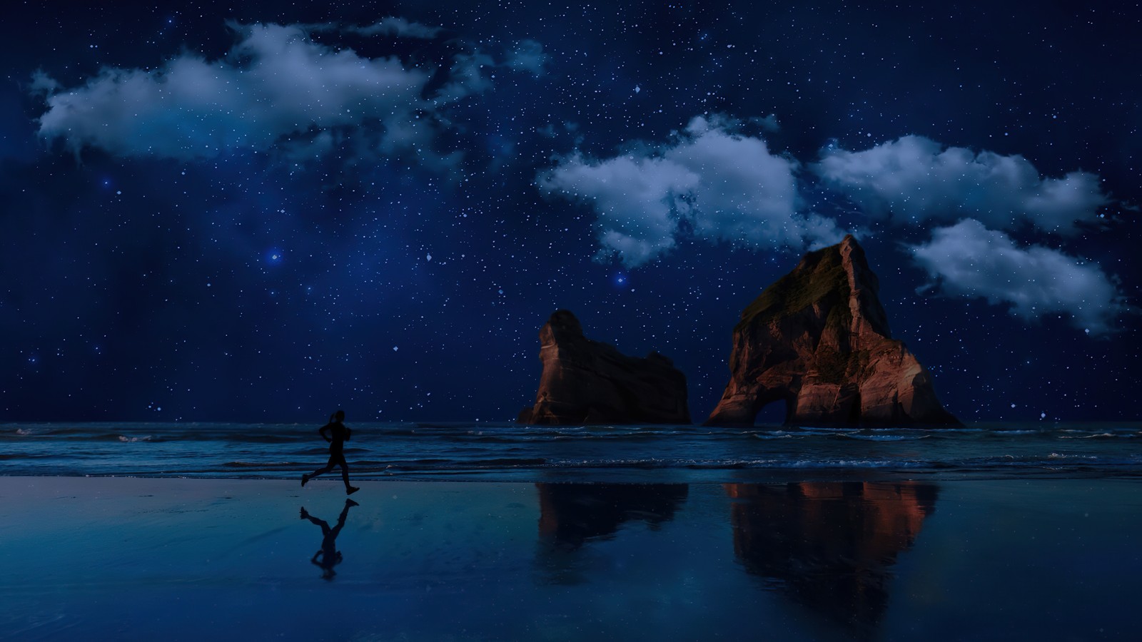 Uma pessoa correndo na praia à noite com um céu cheio de estrelas (noite, praia, corrida, cenário)