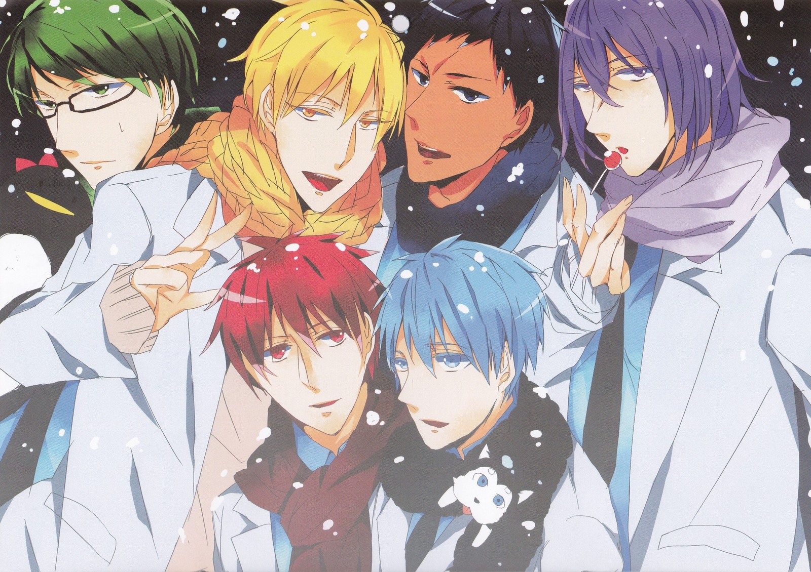 Anime-charaktere in winterkleidung posieren für ein foto (tetsuya kuroko, kurokos basketball, anime, illustration, kunst)