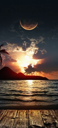 Serene Sunset Over Ocean with Moonrise and Cloudy Atmosphere