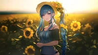 anime mädchen, sonnenblume, feld