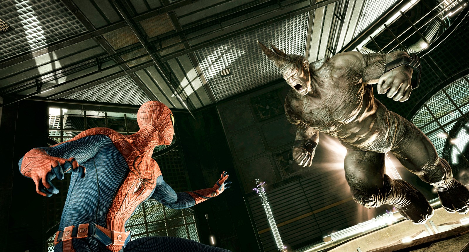 Spider - man and rhino in a cage in a scene from the amazing spider - man (the amazing spider man, spider man, pc game, games, dinosaur)