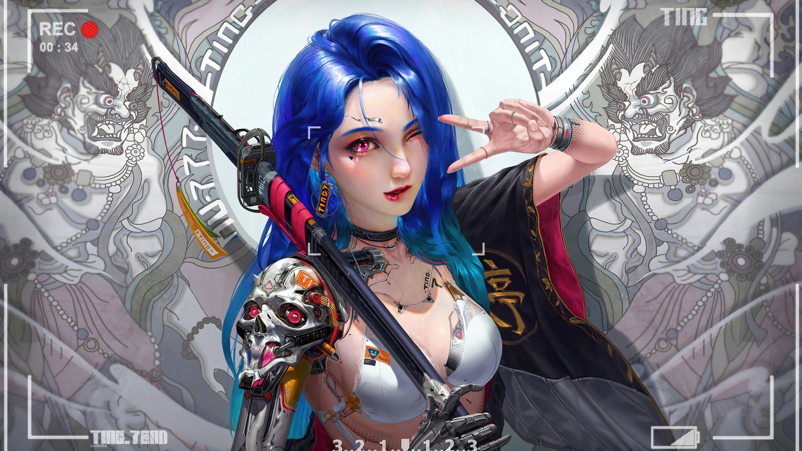 Close de uma mulher com cabelo azul segurando uma espada (cyberpunk, meninas, samurai, ficção científica, arte)