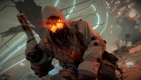 Футуристический воин в пылающем ландшафте из серии Killzone