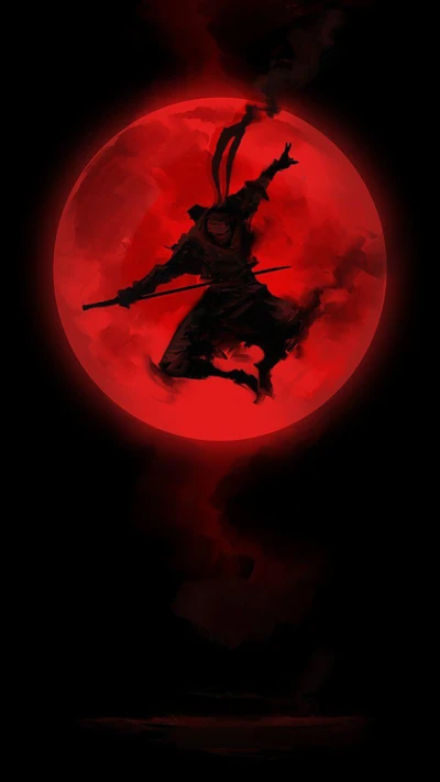 Ninja frente a una luna roja sangre