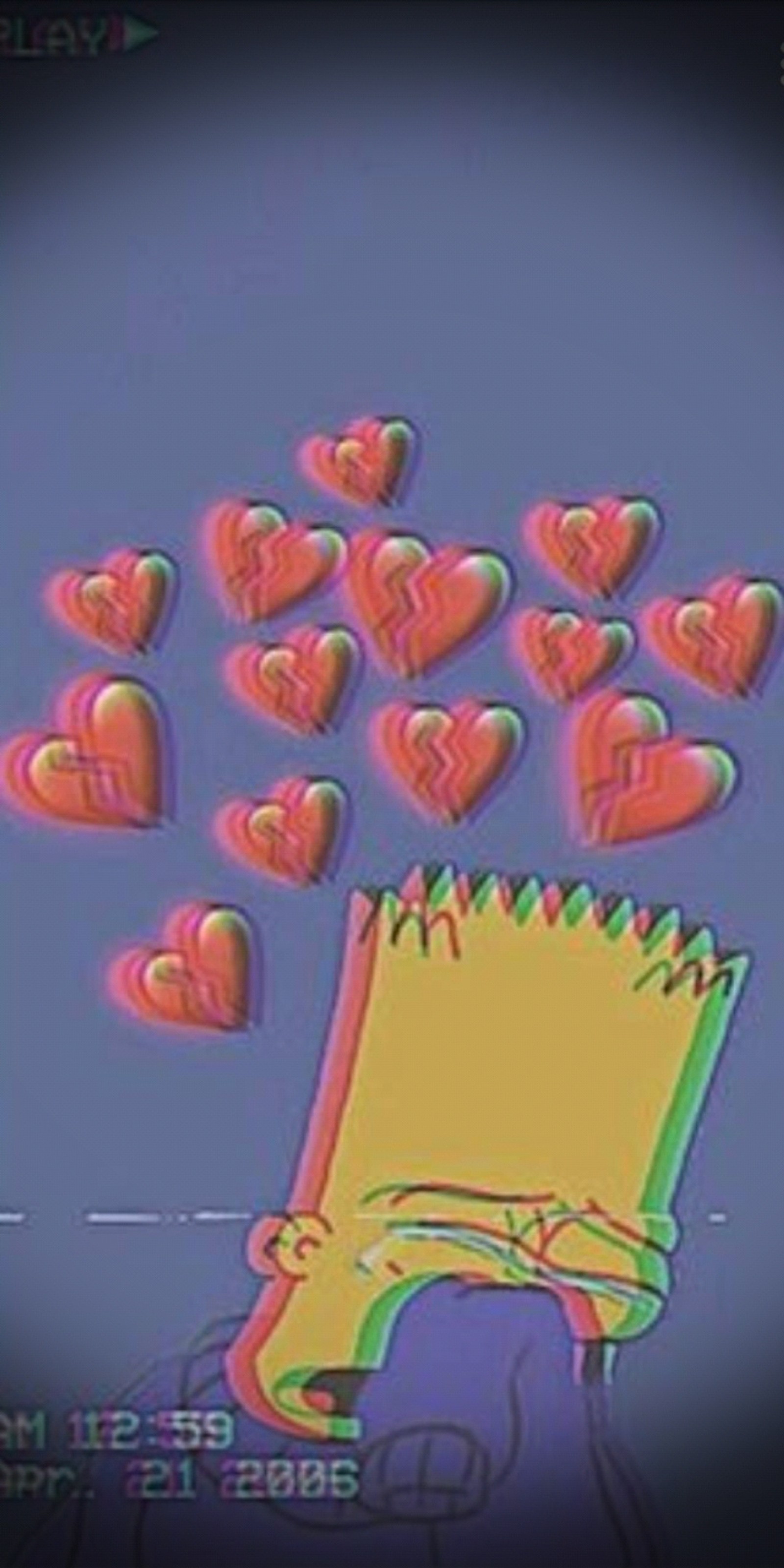 A close up of a cartoon character with hearts in the air (sad, bart)