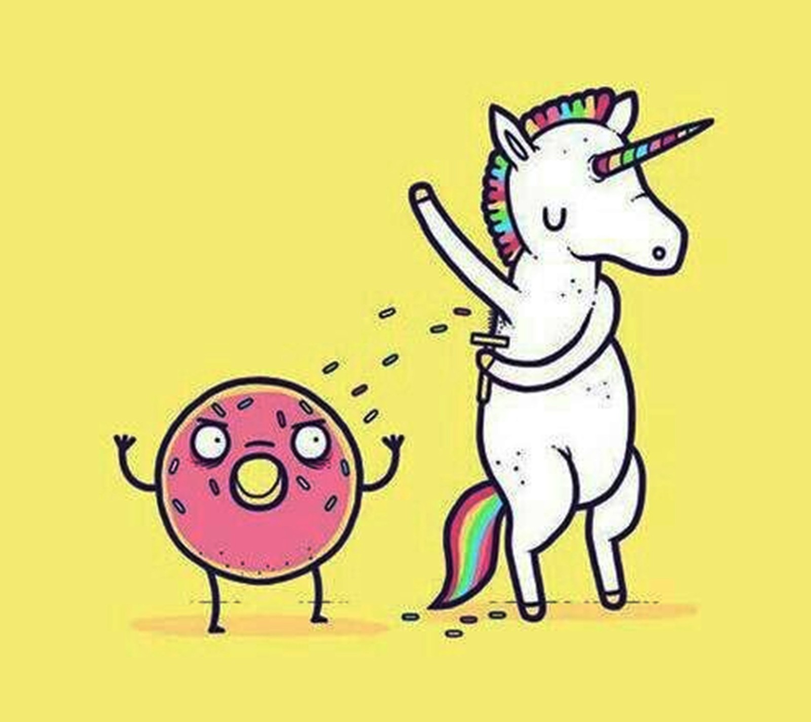 Cartoon von einem einhorn und einem donut mit einer regenbogenmähne (donut, regenbogen, einhorn)