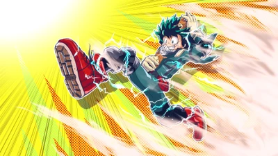 Izuku Midoriya libère le pouvoir de Un Pour Tous dans une attaque dynamique de capuche complète, électrisant la scène avec énergie et détermination.