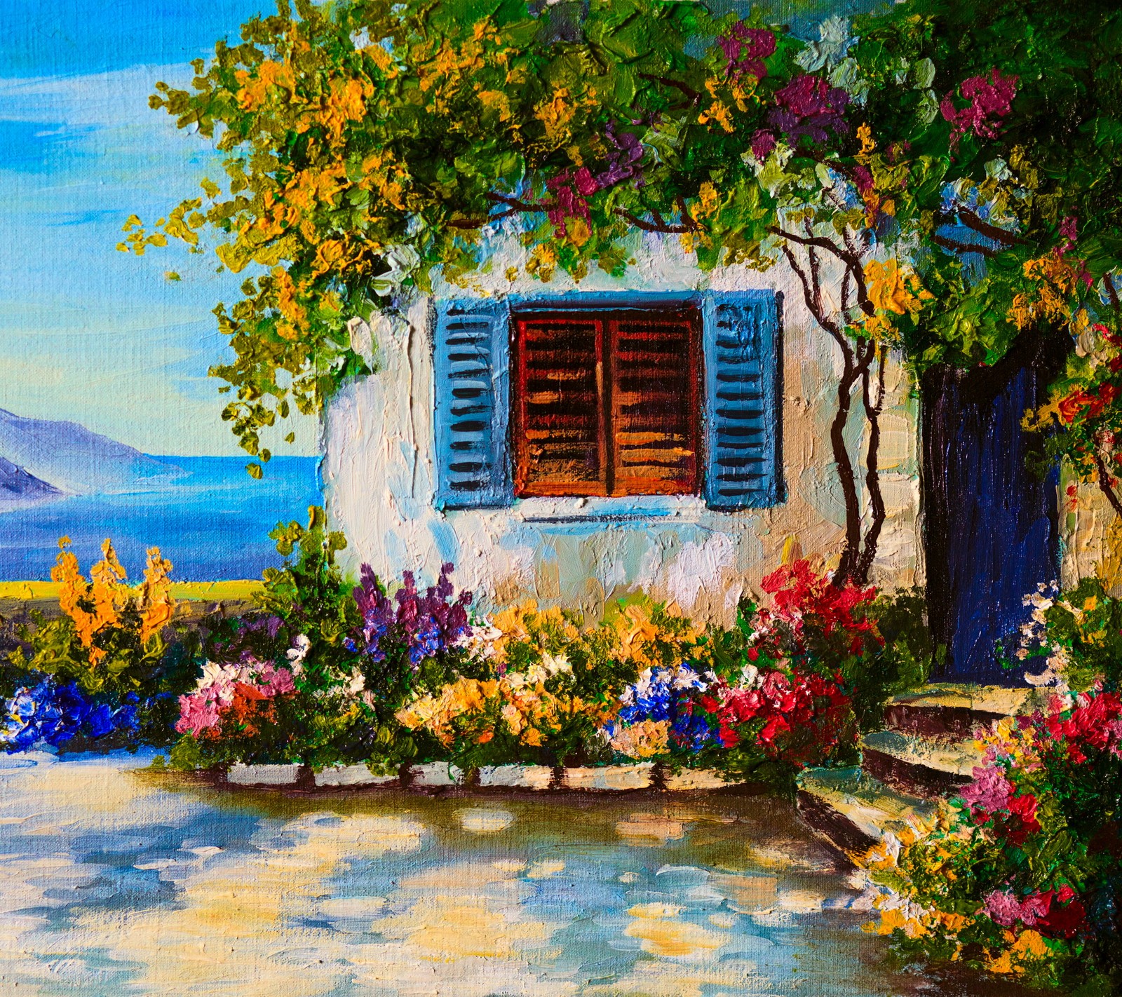 Uma pintura de uma casa com uma janela azul e um monte de flores (arte, fundo, colorido, design, casa)