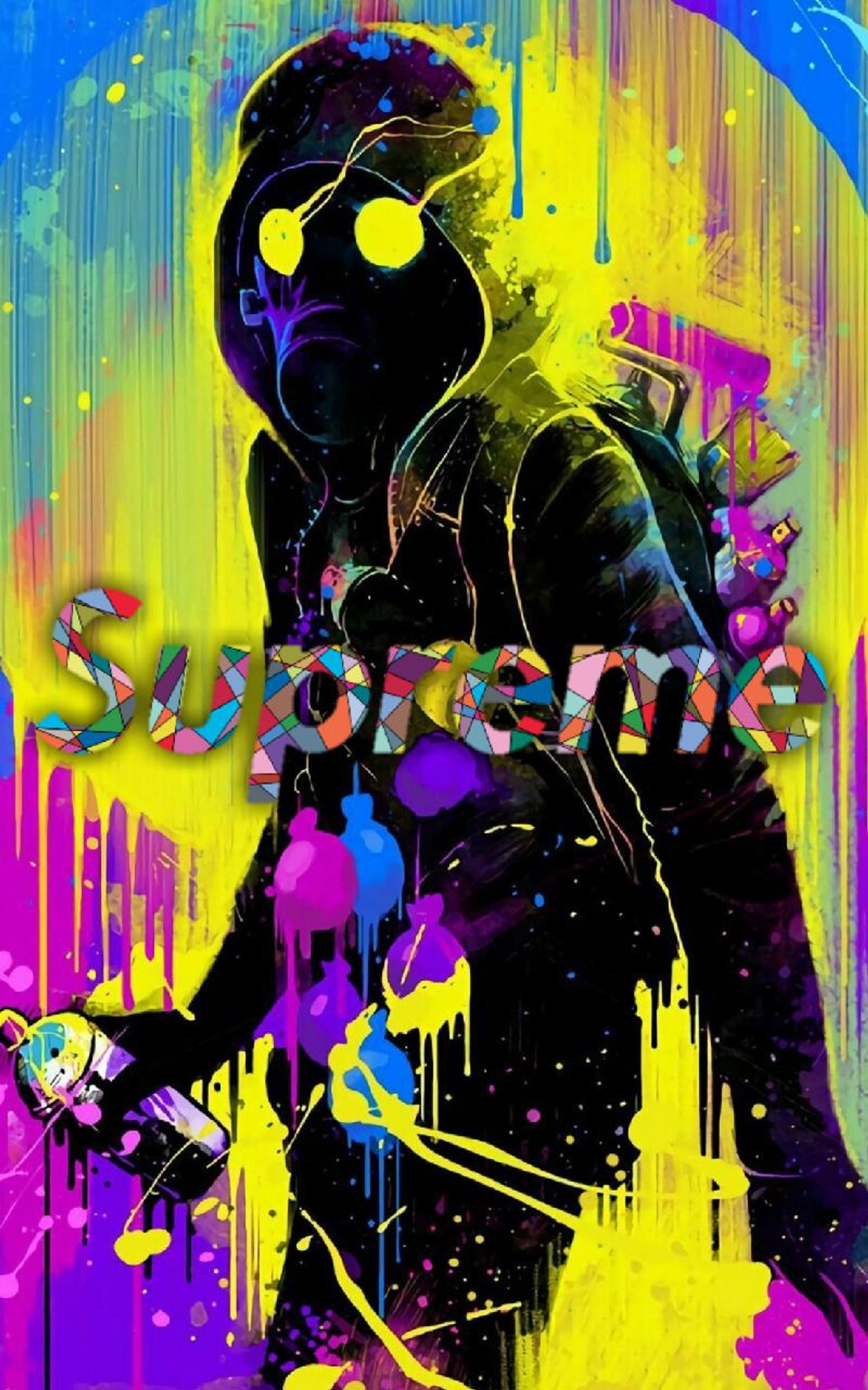 A man in a gas mask and neon paint holding a gun (spray, supreme)