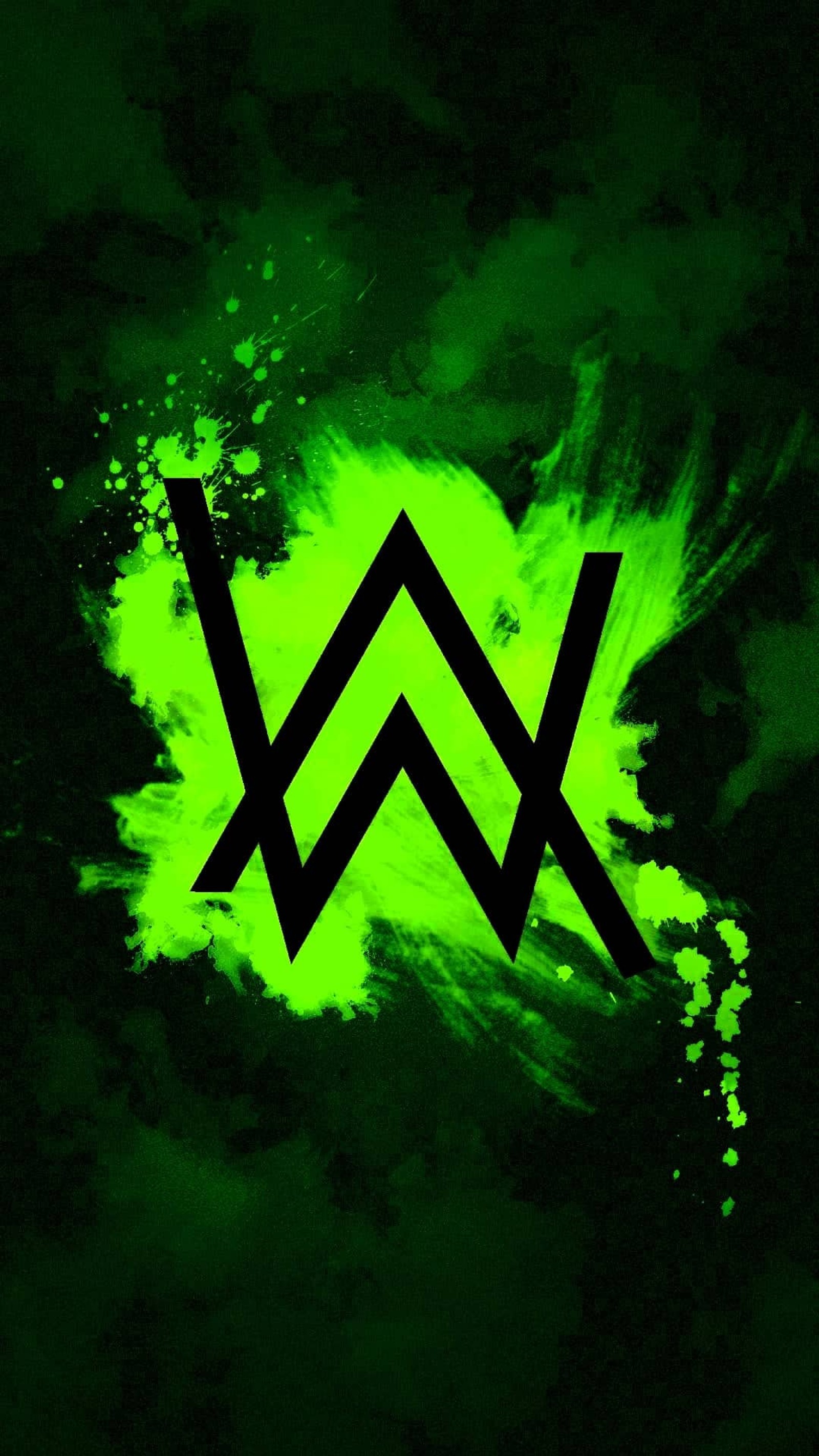 A close up of a green and black wallpaper with a logo (alan, alan walker, walker, green, aw)