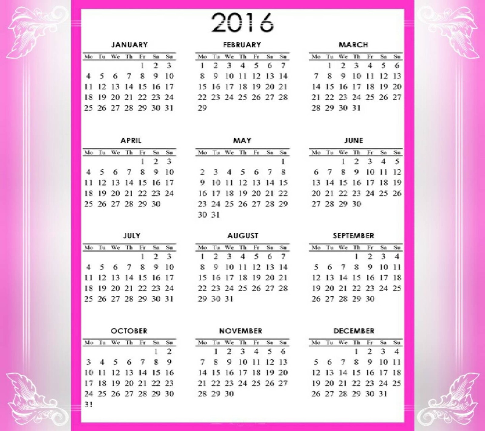 Um calendário para o ano de 2013 com um fundo rosa (calendário 2016, ano novo)