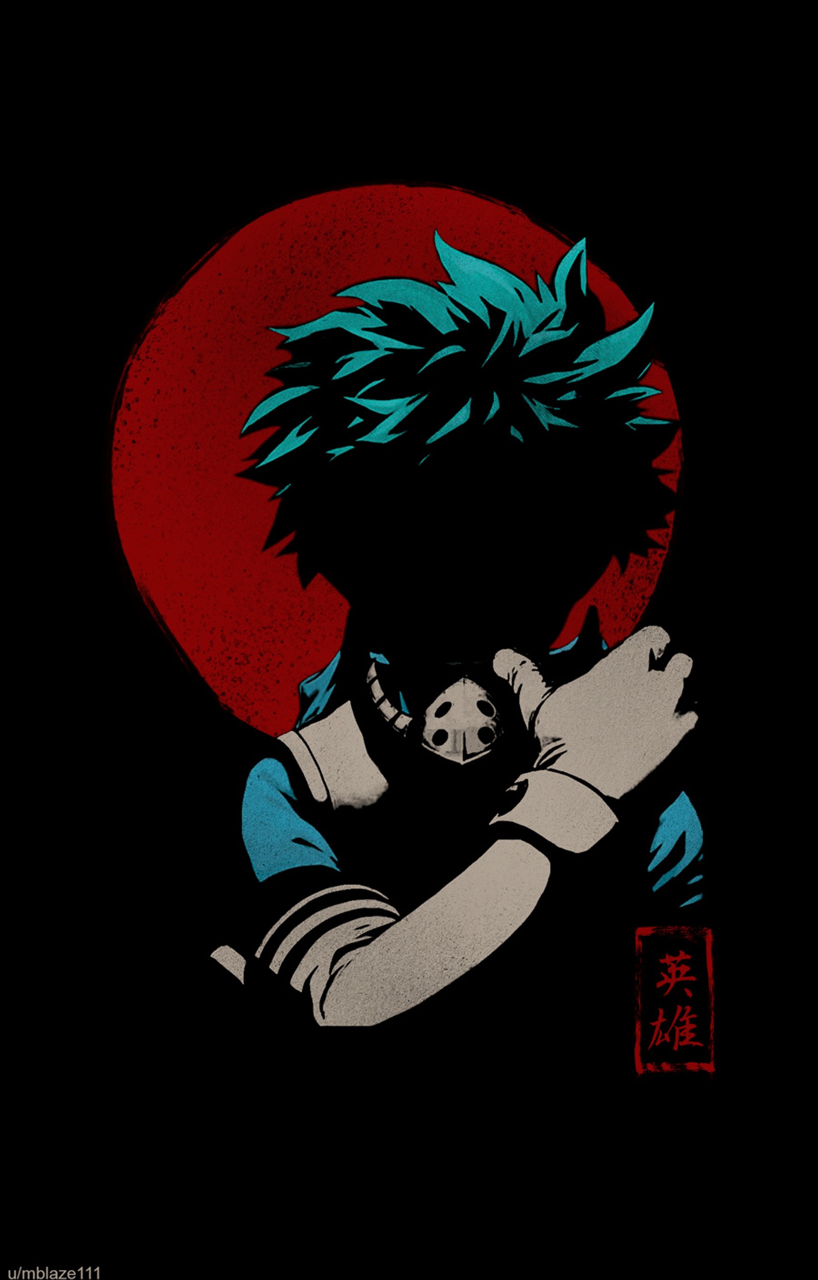 Illustration de style anime d'un garçon avec des cheveux bleus et un soleil rouge (anime, boku no hero academia, deku, héros, izuku)