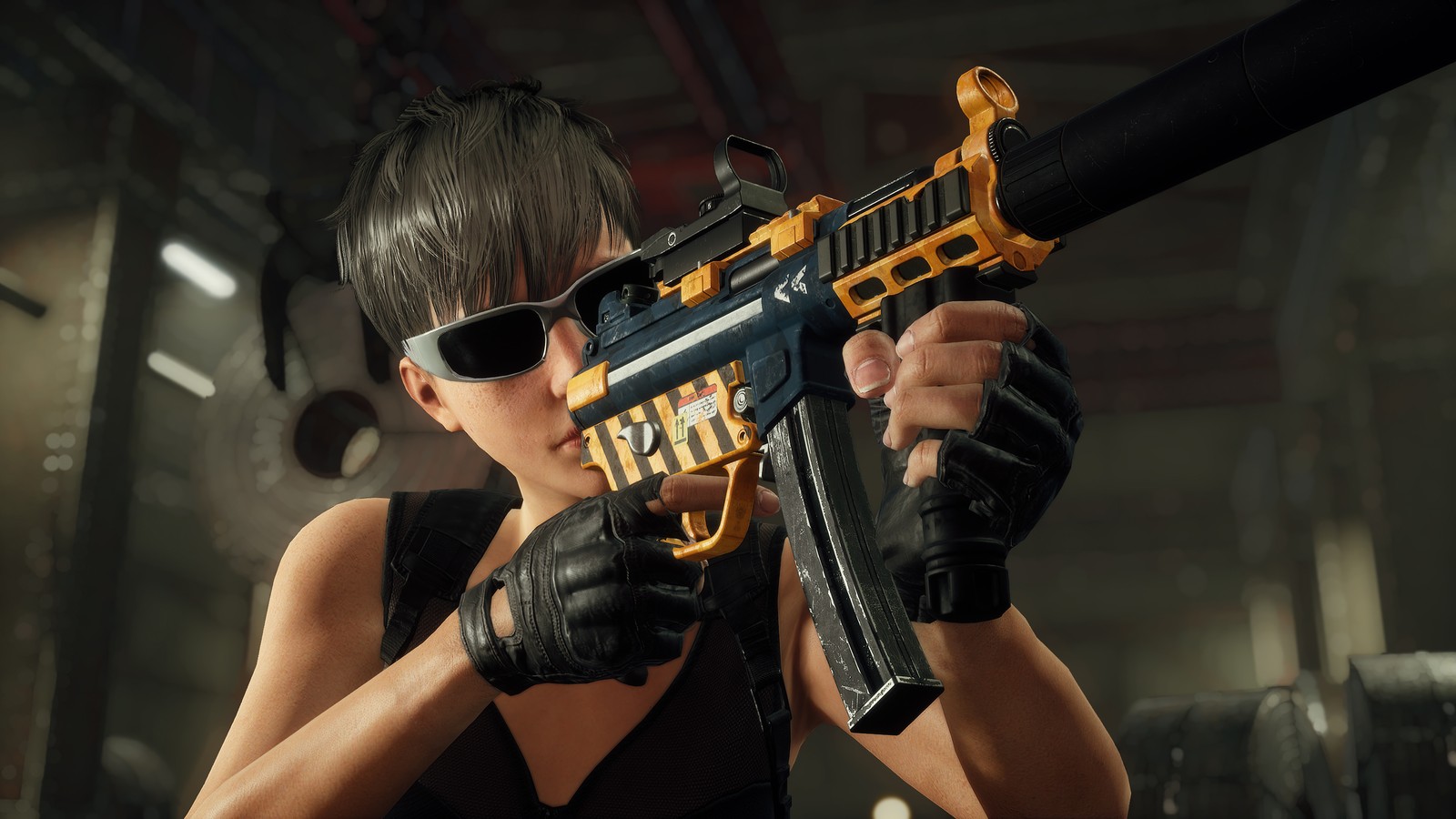 A woman in black shirt holding a yellow and blue gun (pubg, playerunknowns battlegrounds, video game, girls, season 10)