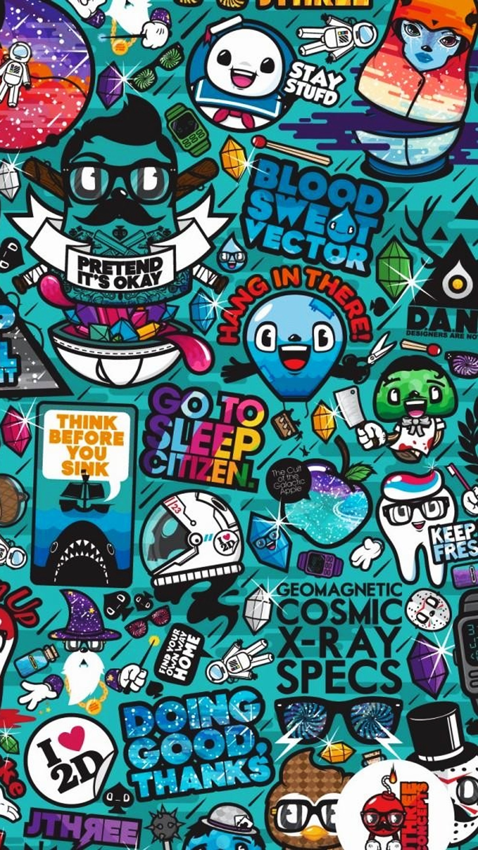 A close up of a blue background with a lot of stickers (art, cartoon, crazy, graffiti)