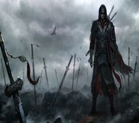 A solitary assassin stands amidst a battlefield of broken swords under a stormy sky, embodying the spirit of stealth and resilience.