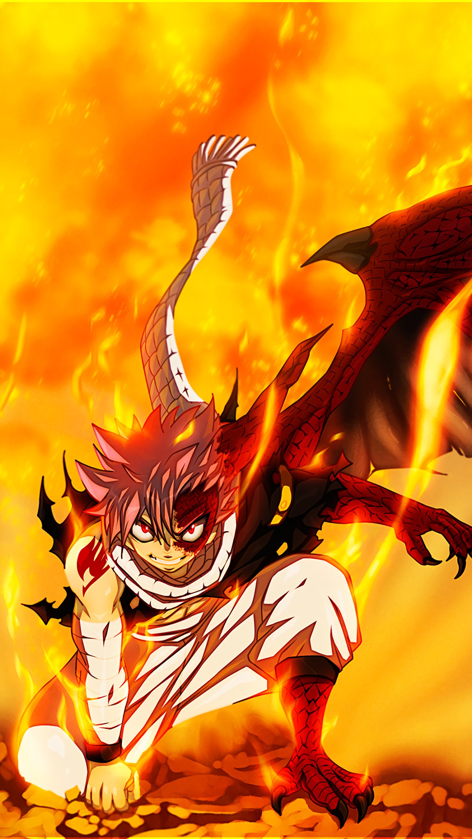 Personnage d'anime avec un dragon rouge sur le dos courant à travers le feu (tueur de dragons, fairy tail, natsu)