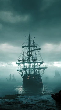 Mysterious Corsair Ship Sailing Through Foggy Waters