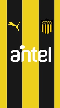 Diseño de camiseta de Peñarol con rayas negras y amarillas y logotipos