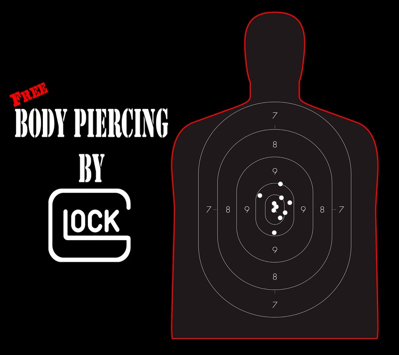 Мужчина стоит перед мишенью с надписью body piercing by lock (защита, глок, glock, пистолет, цитата)