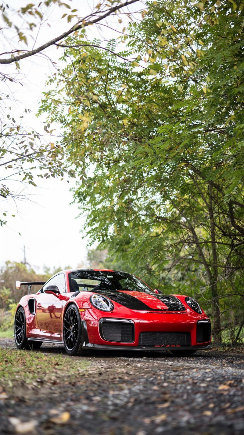 Близкий план красного спортивного автомобиля, припаркованного на дороге (porsche, красный, машина, суперкар, обои)