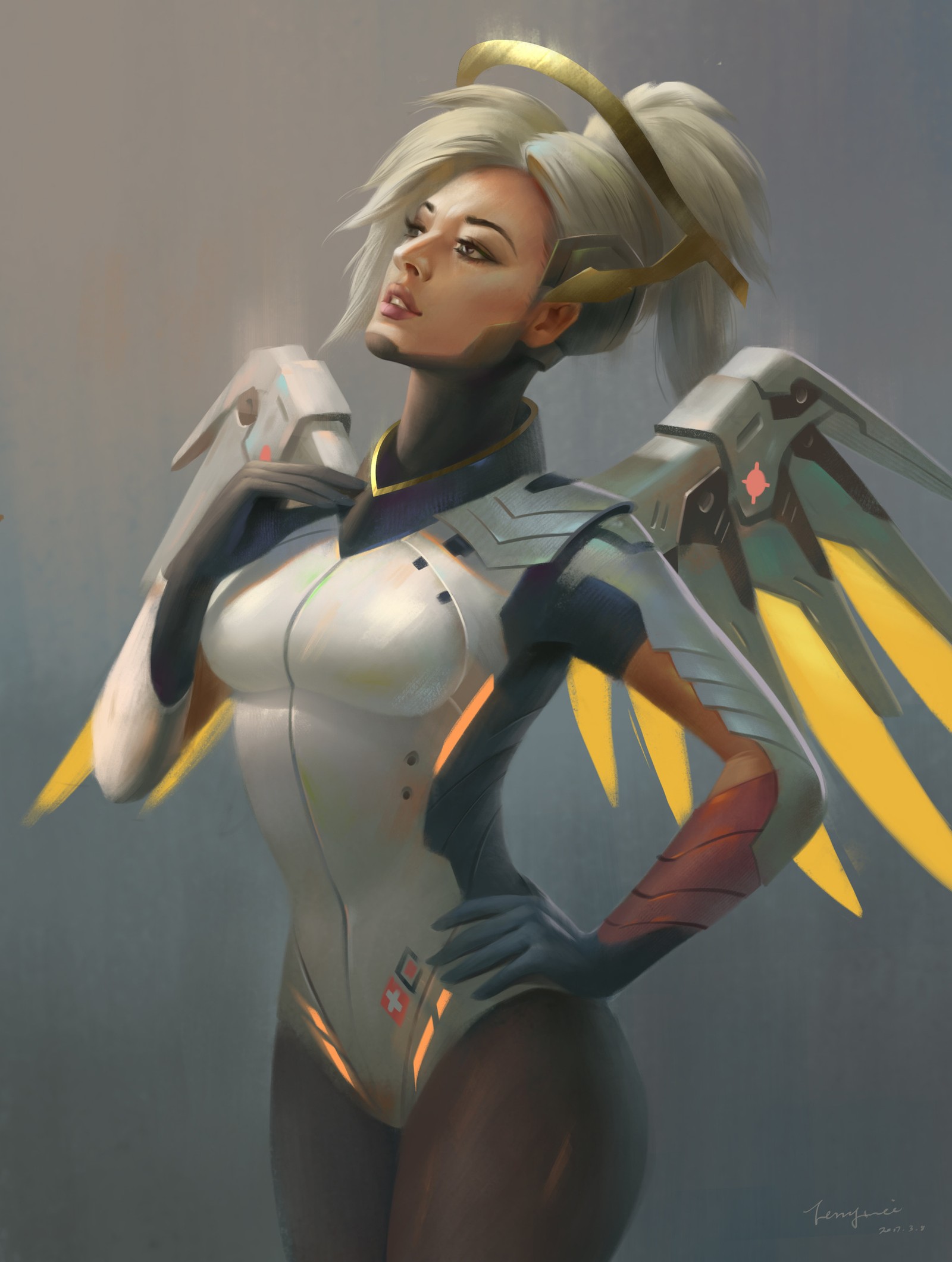 Un primer plano de una mujer con un cuerpo muy grande y alas (rubia, cabello, misericordia, overwatch, corto)