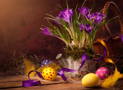 crocus, decoración, pascua, huevo, flores