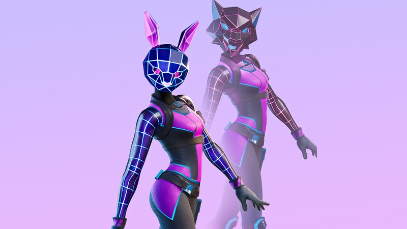 Nahaufnahme von zwei personen in futuristischen kostümen mit einer katzenmaske (fortnite, fortnnite, bunnywolf, haut, outfit)