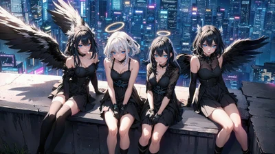 Quatre filles d'anime avec des ailes d'ange dans un paysage urbain futuriste