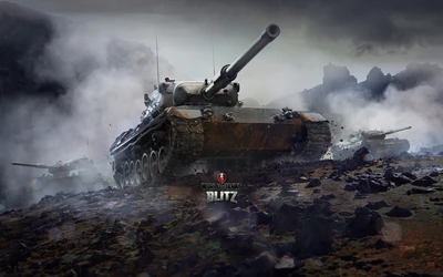 Танк Черчилль среди дыма и руин в World of Tanks Blitz