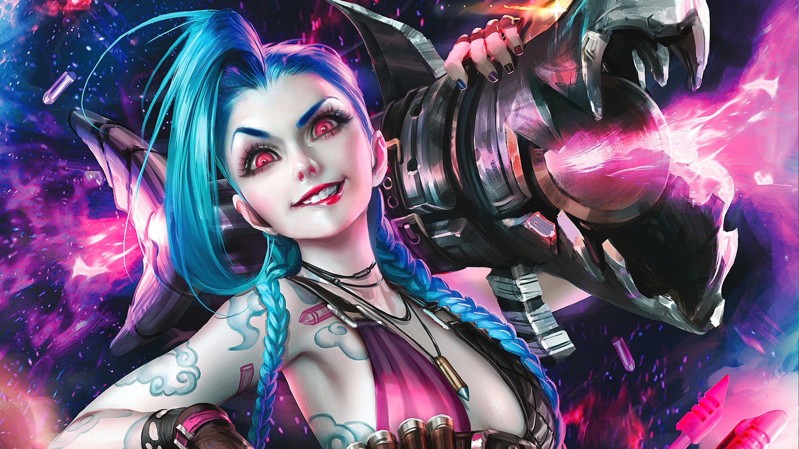 Una mujer con cabello azul y piercings sosteniendo una pistola (jinx, league of legends, lol, videojuego, arte)