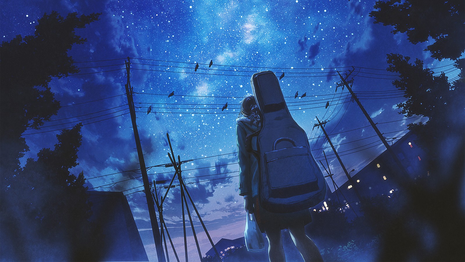 Anime, garota, noite, estrelas, mochila, céu noturno (anime, meninas, noite, céu, estrelas)