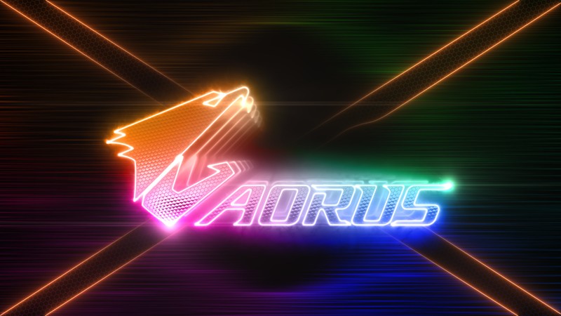 Неоновая вывеска с надписью 'vatrius' и неоновой стрелкой. (аорус, aorus, логотип, гигабайт, gigabyte)