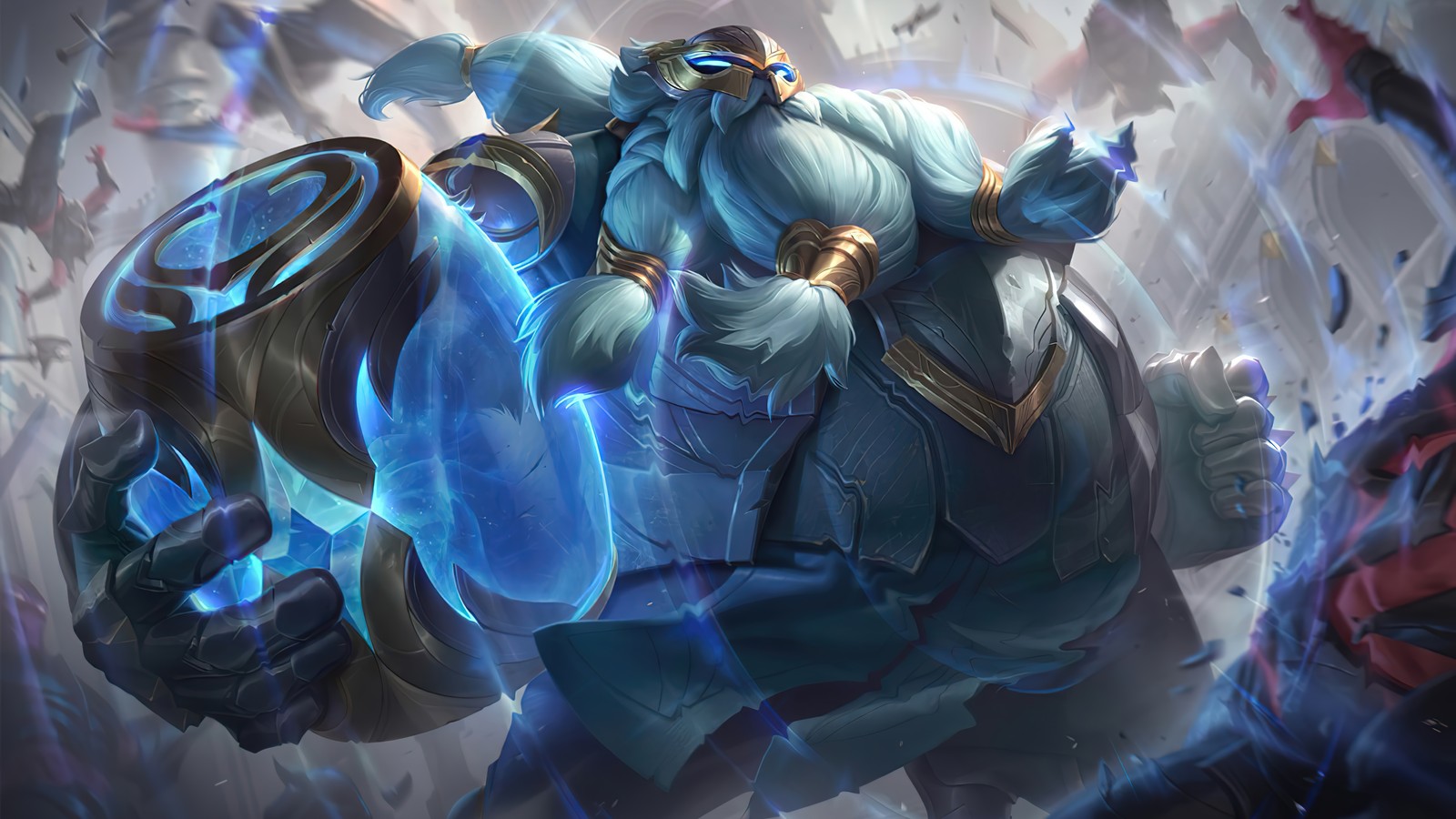 A close up of a person riding a horse with a sword (warden, gragas, splash art, lol, league of legends)