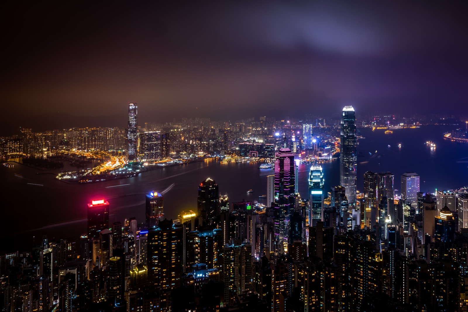 hong kong city skyline, body of water, skyscrapers, night time, cityscape wallpaper