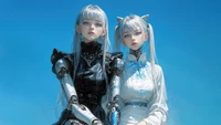 Cyberpunk Anime Twins with White Hair and Robotic Features