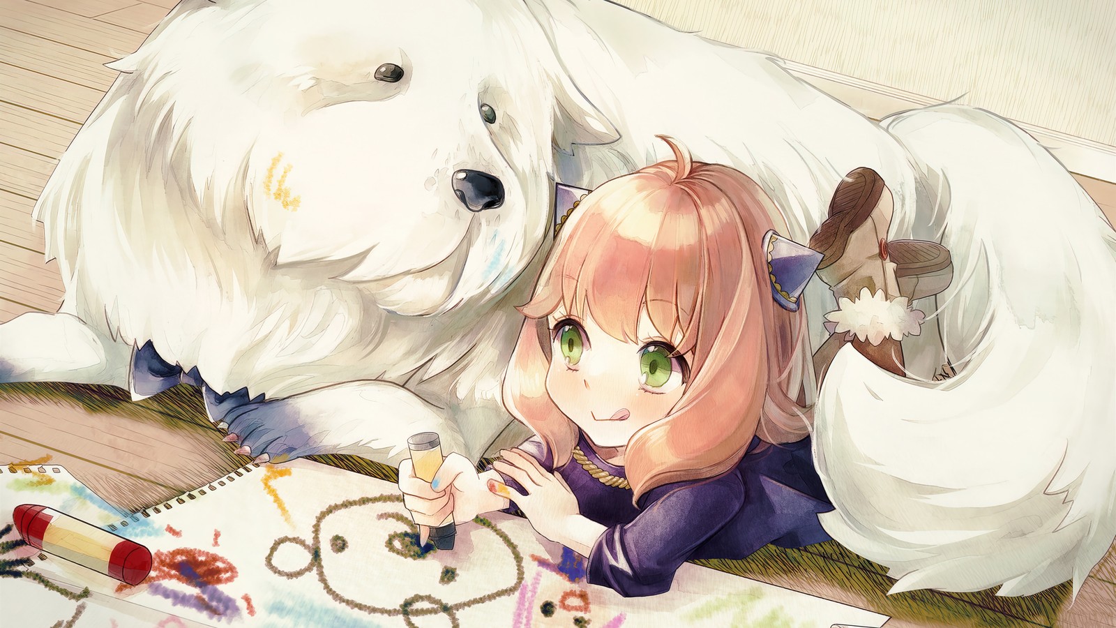 Fille anime allongée sur le sol avec un chien et un gâteau d'anniversaire (anya forger, chien, forgeur de liens, spy x family, anime)