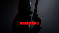 Silhouette von Agent 47, der eine Feuerwaffe vor einem dunklen Hintergrund hält, mit dem Titel "HITMAN 3" deutlich angezeigt.