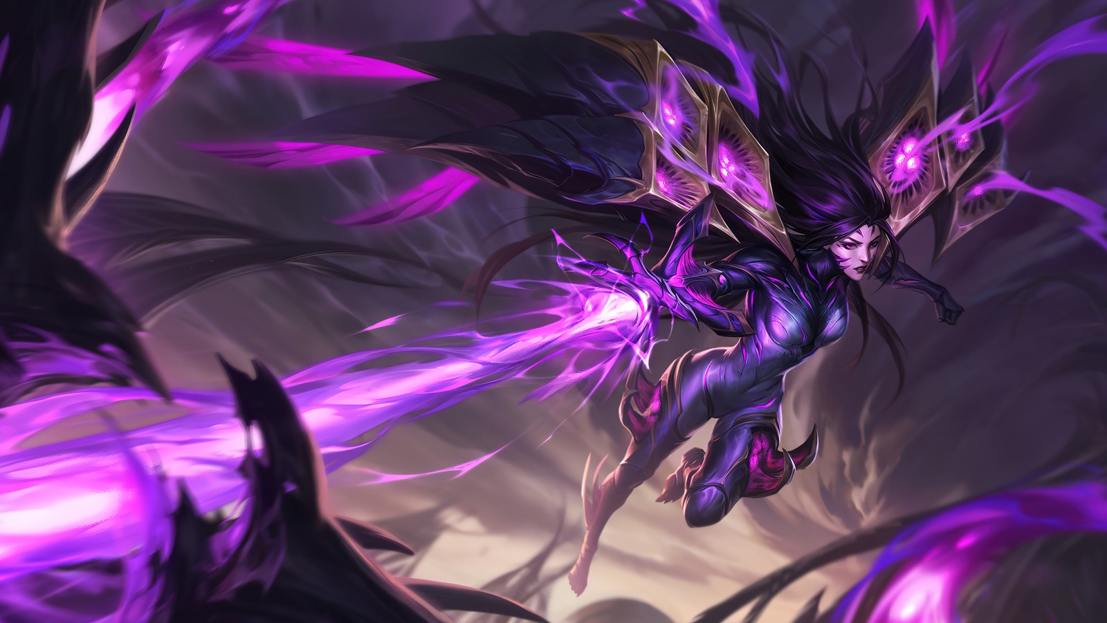 Une femme aux cheveux violets et à la cape noire volant dans les airs (kaisa, shurima, lor, legends of runeterra, jeu vidéo)