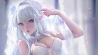 Emilia de Re:Zero en una pose etérea y delicada con cabello fluido y una suave y resplandeciente atmósfera.