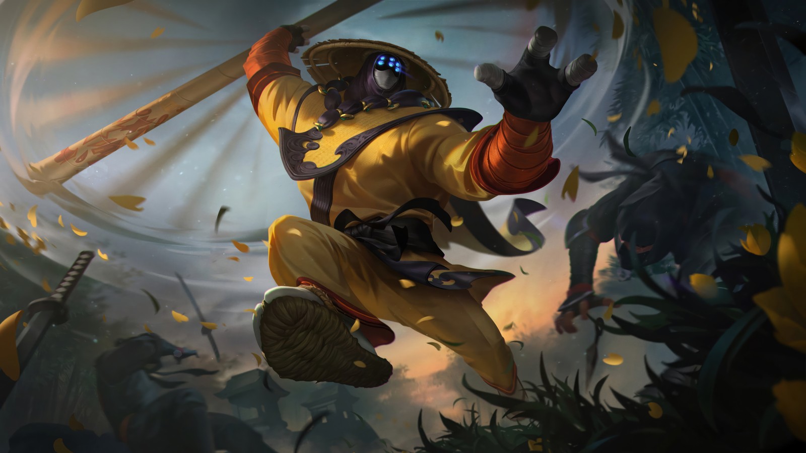 Um close de uma pessoa em um traje amarelo segurando um taco de beisebol (pax, jax, rework, pele, league of legends)