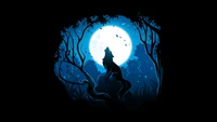 Silhouette of a Howling Wolf Against a Full Moon in a Forest