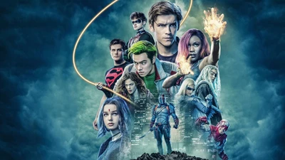 Affiche des personnages de la saison 2 de Titans : Un ensemble dynamique dans un fond ombragé