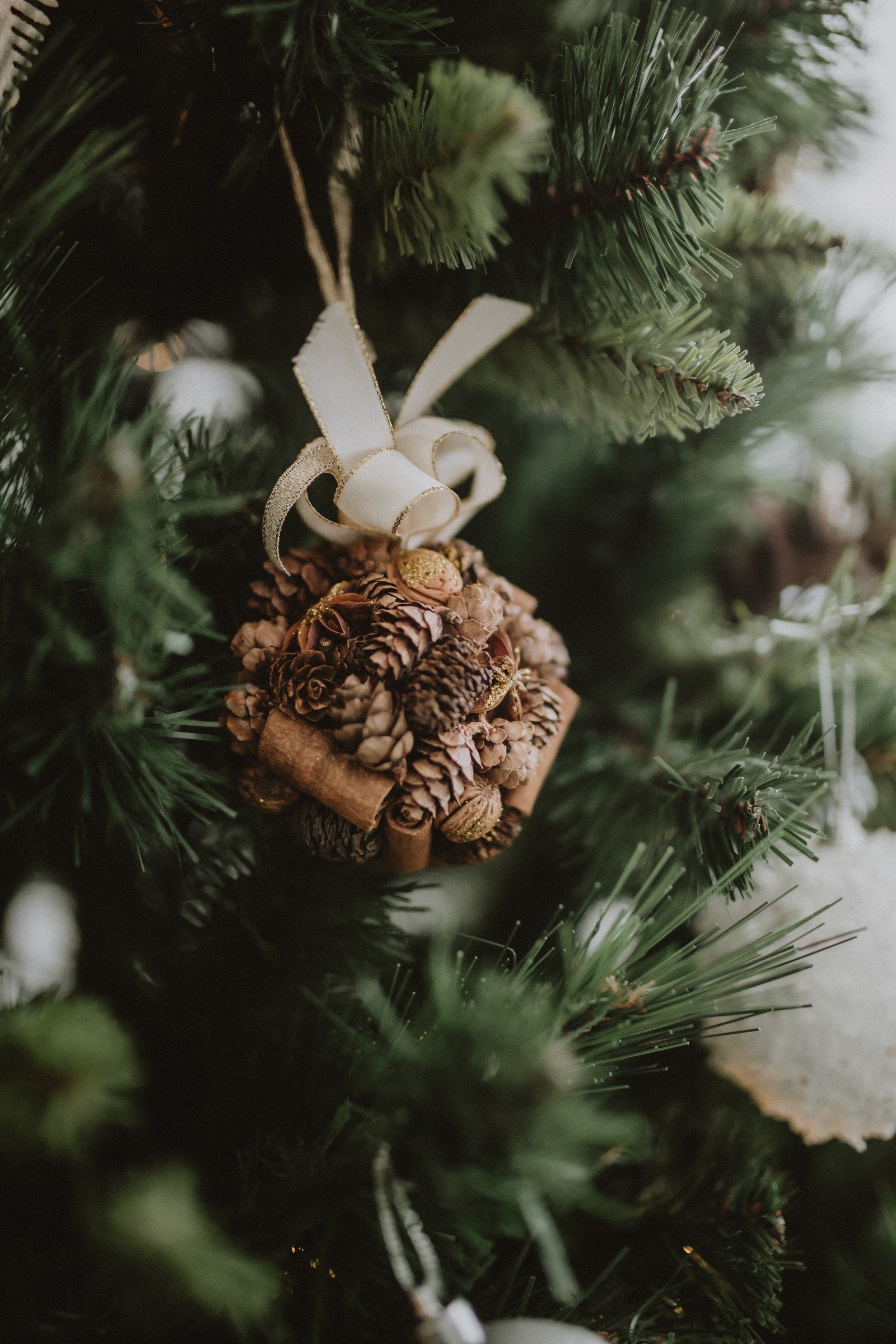 Gros plan d'un sapin de noël avec une décoration en pomme de pin (noël, ornement de noël, sapin, sapin de noël, décoration de noël)