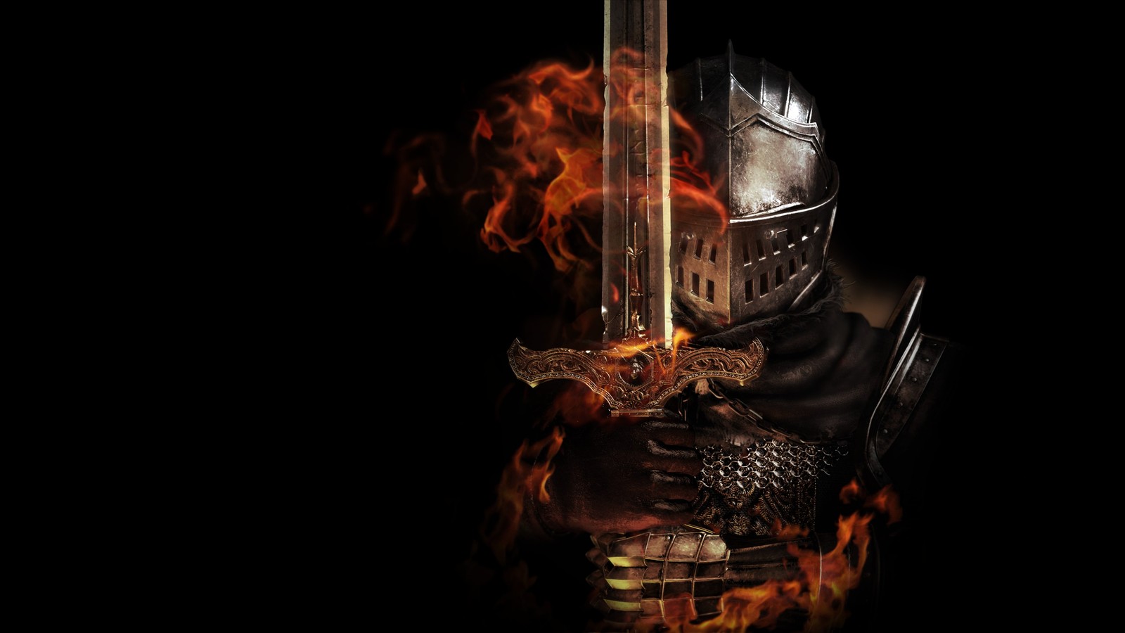 A close up of a person in a knight costume holding a sword (dark souls, remastered, video game, dark background, blackdark)