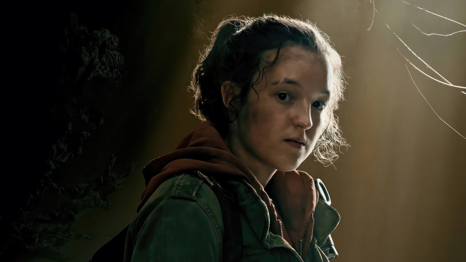 A woman with a backpack standing in a dark room (the last of us series, tv series, hbo max, the last of us, ellie)