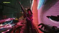 Encontro futurista: Guerreiro cyberpunk na cidade neon