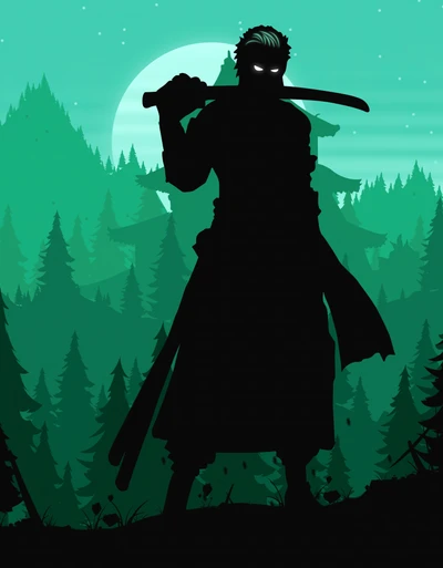 Silhueta de Roronoa Zoro em uma paisagem noturna serena da floresta