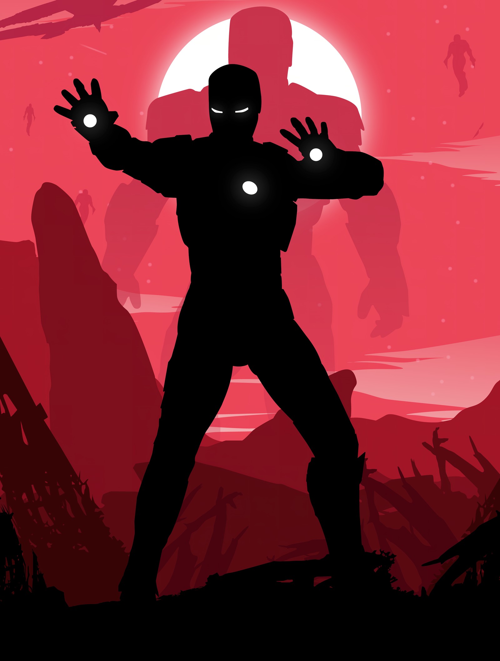 Avengers war machine silhouetted against a red sky with a plane flying overhead (marvel, iron man, silhouette, illustration, red aesthetic)